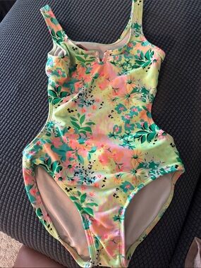 art class Girls' One-Piece Swimsuit in Neon Green, Pink, Teal Floral